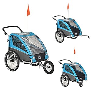 HOMCOM 3 in 1 Kinderanhänger Kinder Jogger Fahrradanhänger mit 360 Grad schwenkbarem Vorderrad Radanhänger für 2 Kinder mit Schwingungsdämpfungssystem Aufbewahrungstasche Wetterschutz Aluminium Blau