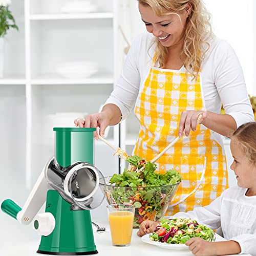 Ourokhome Rotary Cheese Grater Hand Crank, Kitchen Shredder Speed Mandolin Slicer Nut Grinder with Handle and Drum Blades for Cheese, Vegetable, Walnut, Chocolate, Potato, Carrot, 3 Blades, Emerald