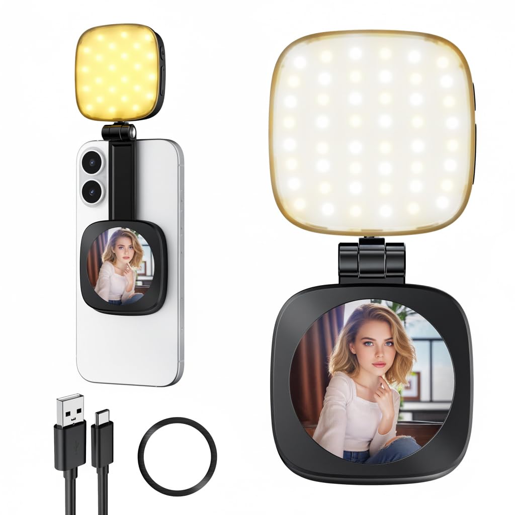 ZORBES® Folding Magnetic Phone Light with Mirror, 5-Color Dimmable LED Phone Fill Light, 360 ° Rotatable & Telescopic Portable Outdoor Selfie Photography FillLight, USB Rechargable-image-41