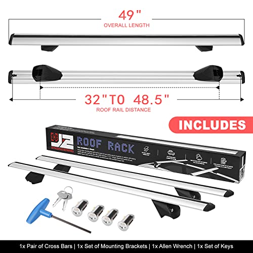 J2 Engineering J2-Rr-120-Wh Pair Of 49" Aluminum Roof Rack Cross Bars Cargo Luggage Carrier For Raised Rails With Angled Edges, Universal, 32" - 48.5" Adjustable, Silver #TOP1