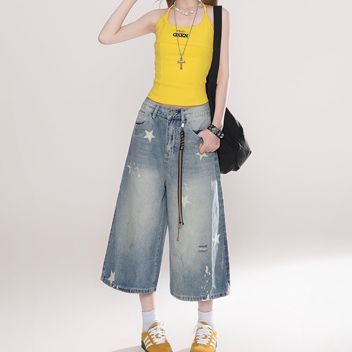 Fashion Vintage High Waisted Straight Leg Star Jeans Y2K Casual Cute Printed Gradual Baggy Pants for Women
