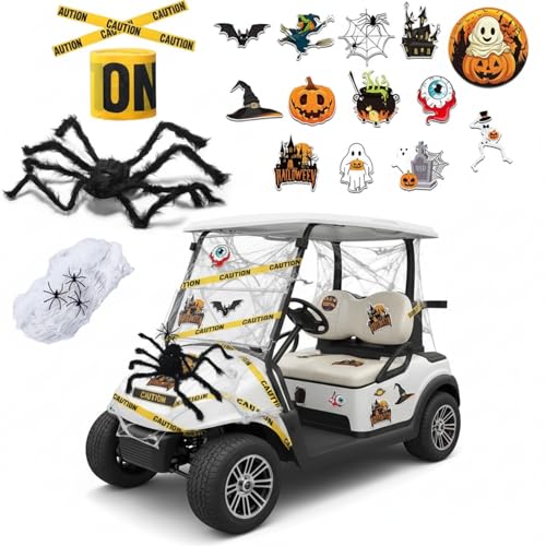 Gemscream 19 Pcs Halloween Golf Cart Decoration Kit Halloween Car Decor for Parade Fake Spider Web Large Fake Spider Caution Tape and Stickers for Car UTV ATV Trunk or Treat Outdoor Parade Decor