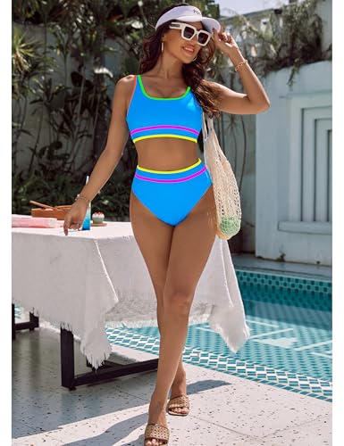 Image of BMJL Women's High Waisted Bikini Sets Sporty Two Piece Swimsuits Color Block Tummy Control Modest Bathing Suit