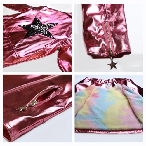 Girls Metallic Jacket, Silver/Pink Faux Leather Biker Jacket with Rainbow Heart Patch, Side Pockets3