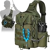 Piscifun Fishing Tackle Bag with Rod & Gear Holder, Lightweight Sling Tackle Storage Bag, Outdoor Fishing Shoulder Backpack for Fishing, Hiking, Hunting,Army Green