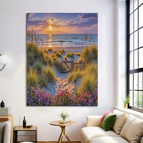 Tableau dunes de plage pour salon : un coucher de soleil coloré 80x120cm