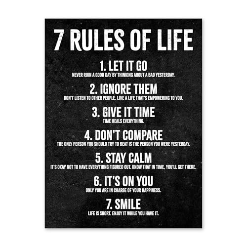 HoneyKICK 7 Rules of Life Motivational Poster 11x14 Unframed Cardstock — Inspirational Wall Art for Teen Boys Bedroom, Office, Classroom | Black and White Motivational Wall Decor, Never Give Up Sign