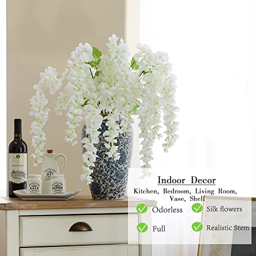 Dailisen 3 Strands 40'' Silk White Wisteria Artificial Flowers, Fake Wisteria Floral Hanging Plant Garland, For Home Decor, Party, Floor Vase, Balcony, Wedding Arrangement Decoration (White) #TOP2