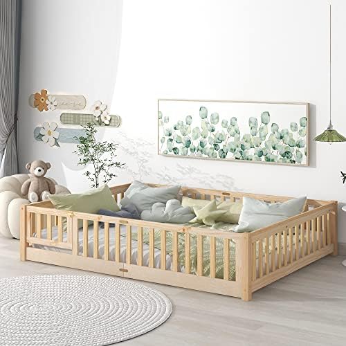 Tatub Queen Floor Bed with Safety Guardrails and Slats, Toddler Floor Bed Frame Queen Size for Girls and Boys, Wood Montessori Floor Bed for Kids, Queen-Nature
