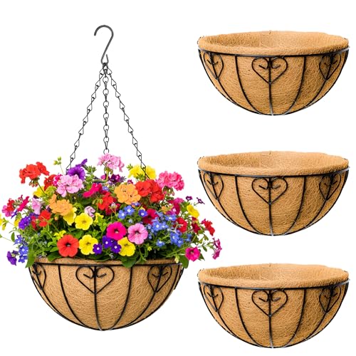 SMYAXUNW 4 Pack Hanging Planters 14 Inch Metal Hanging Planter Basket Flower Pots with Coco Coir Liners Round Wire Plant Holder with Chain for Indoor Outdoor Patio Porch Garden Decoration（AX）