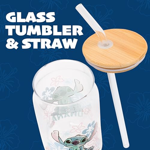 Image of Silver Buffalo Disney Lilo and Stitch Ohana Floral Glass Jar Tumbler with Bamboo Lid and Glass Straw, 16 Ounces