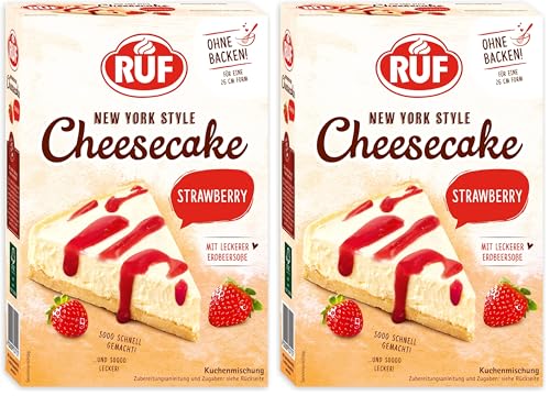RUF New York Cheesecake Strawberry ohne Backen, Original amerikanischer Käsekuchen mit Erdbeersoße, 1 x 360g (Packung mit 2)