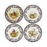 Spode Woodland Canapé Plate Set – 4 Piece 6.5 Inch Fine Porcelain Plates Featuring Red Grouse, Pheasant, Quail & Wood Duck Motifs – Microwave, Dishwasher & Warm Oven Safe, Made in England