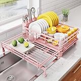 SNTD Dish Drying Rack - Extendable Dish Rack, Large Sink Drying Dish Drainer for Kitchen Counter, Stainless Steel Dish Strainer with Utensil Holder (Pink)