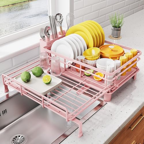 Image of SNTD Dish Drying Rack - Extendable Dish Rack, Large Sink Drying Dish Drainer for Kitchen Counter, Stainless Steel Dish Strainer with Utensil Holder (Pink)