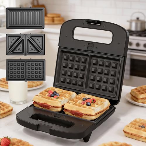 Image of Sunvivi Waffle Iron, Panini Press Grill and Sandwich Maker Set, 3 in 1 Electric Sandwich Press with Removable Non-Stick Plates, Indicator Lights