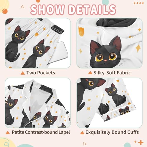 senya Black Cat White Background Satin Summer Pajama Sets Silk Short Sleeve Button Down Sleepwear3