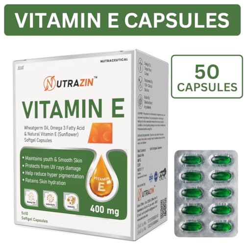 Image of Vitamin E 400 mg Capsules with Wheatgerm Oil & Omega 3 | Vitamin E Capsules for Face and Hair | Antioxidant Support | 50 Softgels