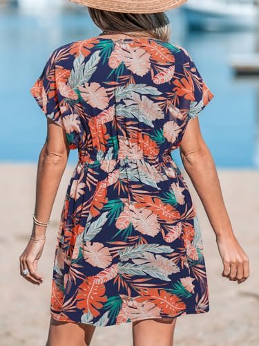 Image of CUPSHE Women's Swimsuit Coverup Casual V Neck Beach Dress Short Sleeve Elastic Waist Swimwear Cover Ups 2026 Beachwear