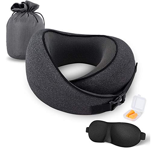 MLVOC Travel Pillow 100% Pure Memory Foam Neck Pillow, New Upgrade Design,More Better Surround and Support, Ajustable,Washable and Breathable Airplane Pillow, with 3D Sleep Eye Mask, Earplugs, Black