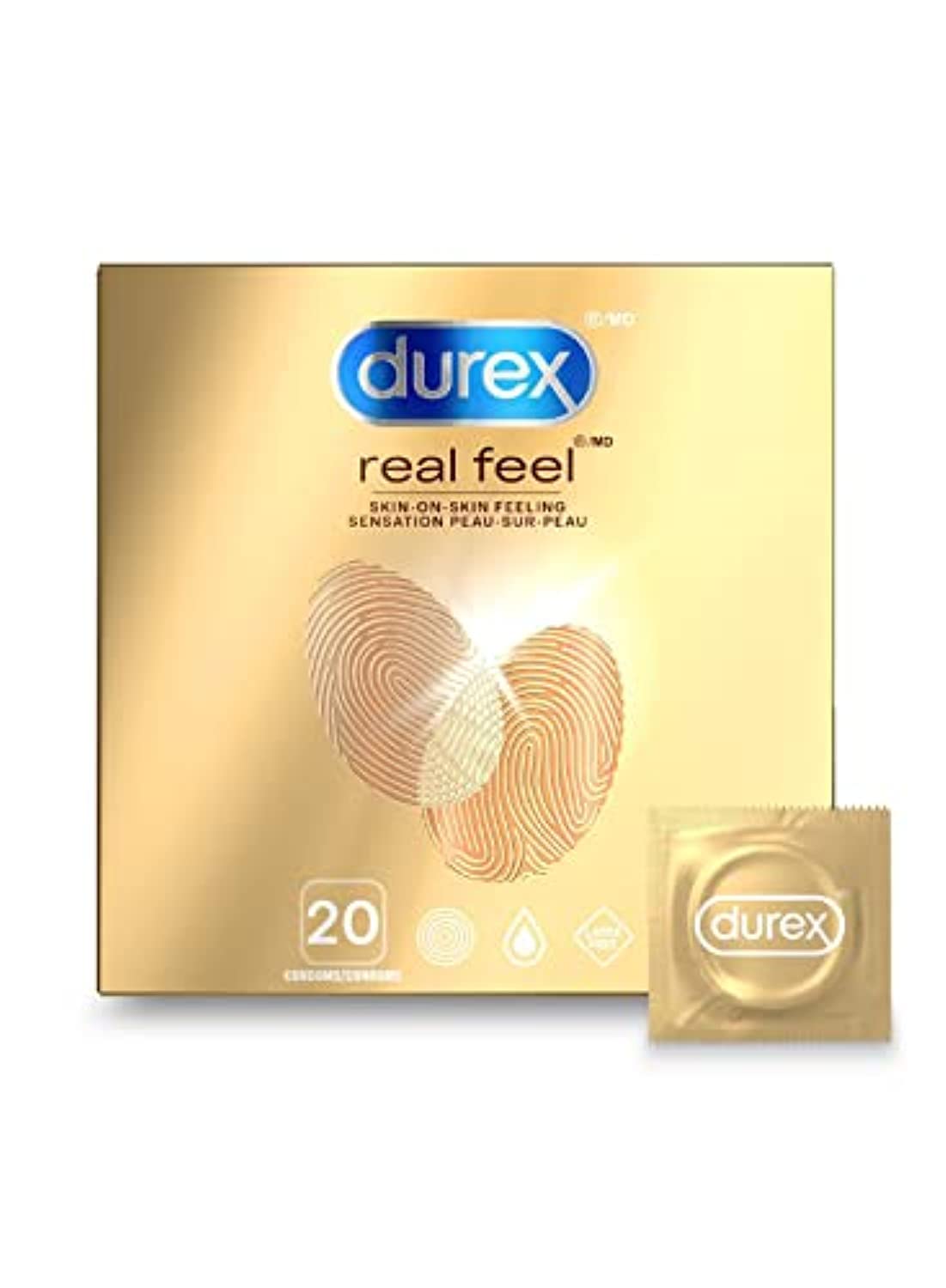 Durex Real Feel Condoms 20 Pack, Non-Latex Skin-on-Skin Feel Condoms for Natural Sensation, Great for Latex Sensitivity, Transmits Body Warmth, Value Pack of 20 for Couples
