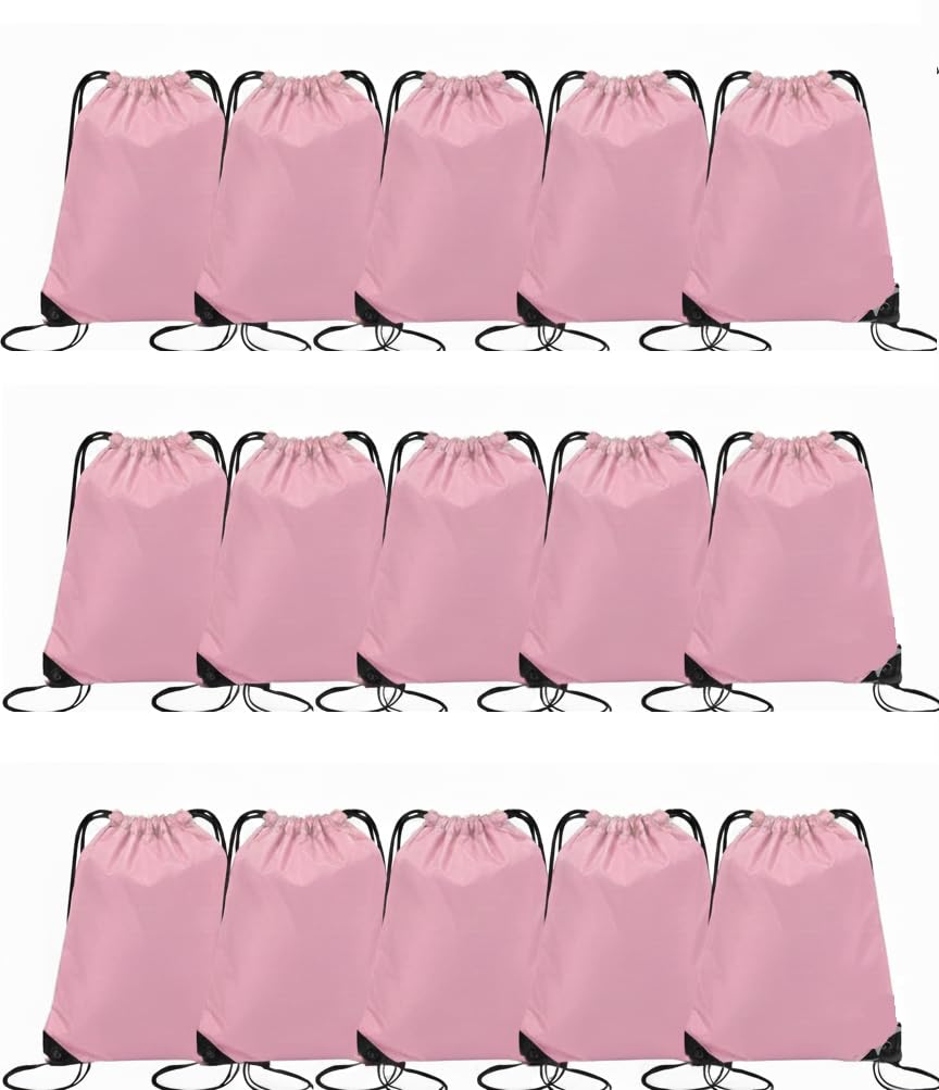 Playcrate 15 Light Pink Drawstring Bags Backpack - Party Gift Bags & Sports String Bag for Gym, School, Travel Storage Organization (Light Pink)