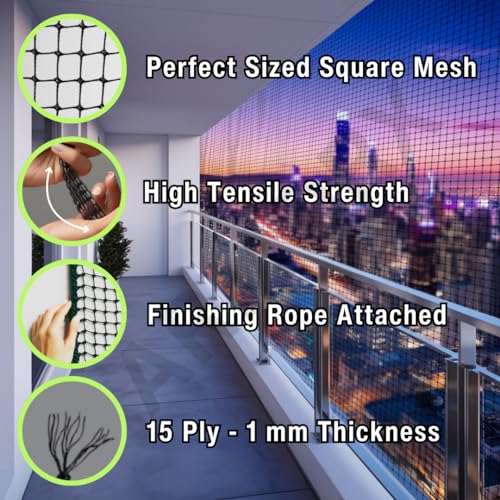 Image of ARMORX Black Anti-Bird Net UV-Stabilized HDPE Multi-Filament Net with Installation Kit & Tying Ropes Attached - Black - 8ftx25ft