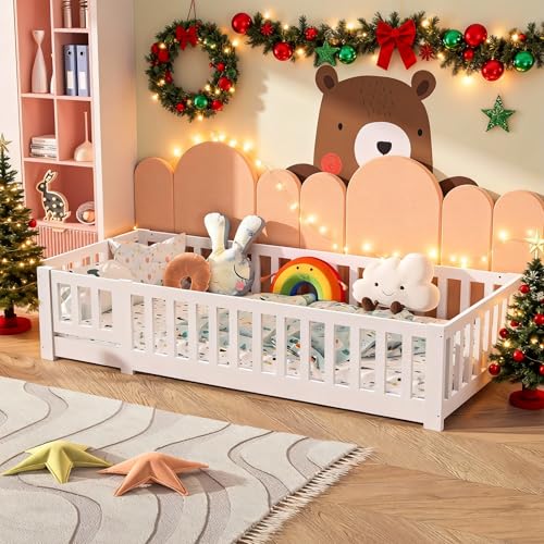 Lodera - Cama Infantil De 90 X 200 Cm, Cama Doble Bebé Con Barrera De Seguridad Y Somier De Láminas, Marco De Camas Infantiles De Madera Maciza De Pino Para Niños Y Bebés, Sin Colchón