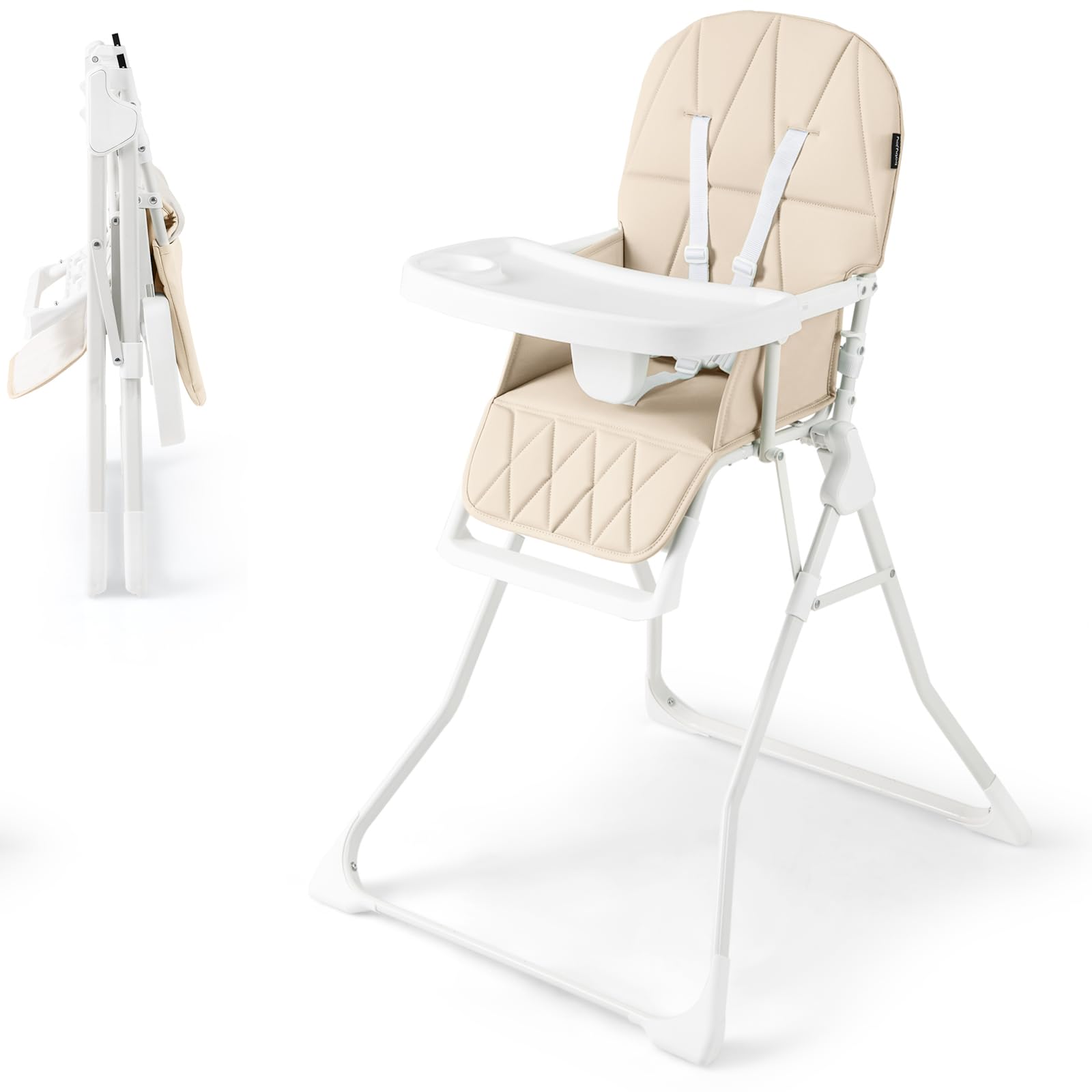 Maxmass Foldable High Chair, Compact High Chair with 3-Position Adjustable Dishwashable Tray, Removable Seat Cushion, 5-Point Safety Harness, Highchair for Baby Infant (Beige Without Basket)
