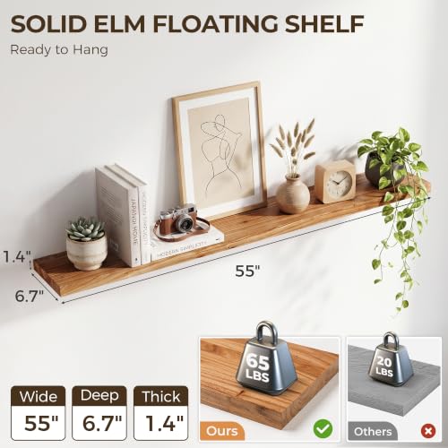 Image of Elm Floating Shelves for Wall - 55 in Rustic Solid Wood Shelves with Heavy-Duty Invisible Bracket, Wall-Mounted Wooden Shelf for Living Room, Bathroom, Kitchen Storage & Display, Set of 1, Natural