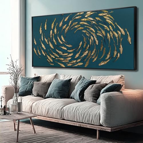 Image of Large Framed Wall Art Fish Gold Artwork Ocean Animal Canvas Print Pictures for Wall Fishes Golden Arts Home Decorations 29 inchx58 inch Ready to Hang
