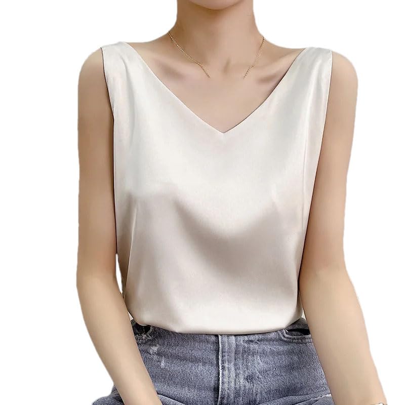Hgvcfcv V Neck Women Satin Silk Harajuku T Shirt Sleeveless Fashion Real Silk Woman Tee Top Casual Female