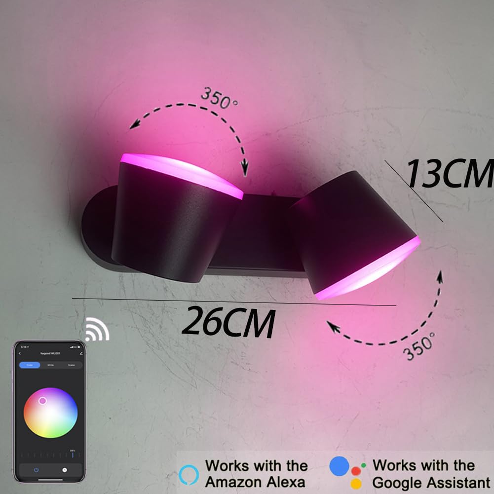 Smart Außenlampe 360 ° Drehbar 2 Flamme LED Wandleuchte RGB Dimmbare Außen Innen Wandlampe IP65 Wasserdichtes Außenleuchte, Wandbeleuchtung steuerbar via App Lampe Wand für Indoor Outdoor Garten