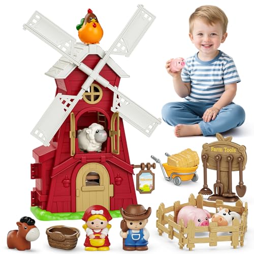 Toddler Toys for 1 2 3 Year Old, Farm Animals Windmill Barn Montessori Educational Toys, Farm Playset with Assorted Pretend Accessories, Christmas Birthday Gift for Baby Boys Girls 12-18 Month