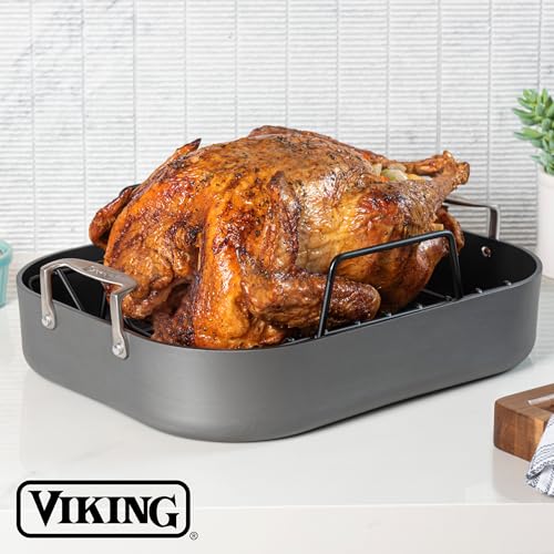 Image of Viking Hard Anodized Aluminum Nonstick Roasting Pan with Non Stick Rack and Carving Set, 16 x 13 Inch Kitchen Cookware, Dishwasher and Oven Safe, Dark Grey