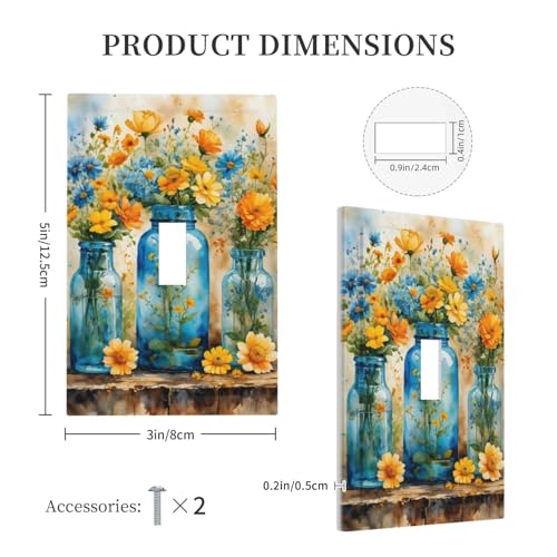 Decorative Switch Covers Plate Rustic Yellow Flowers Floral Blue Bottles 1 Gang Wall Plate Oversized Single Toggle Wall Cover Plate Jumbo Electrical Light Switch Plate Faceplate