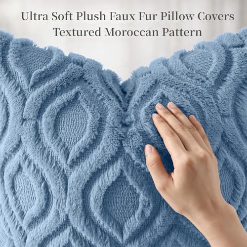 Image of decorUhome Fall Throw Pillow Covers 20x20 Inch Set of 2, Soft Plush Faux Wool Blue Solid Couch Pillow Covers, Accent Farmhouse Neutral Square Pillow Cases for Sofa Bed Living Room