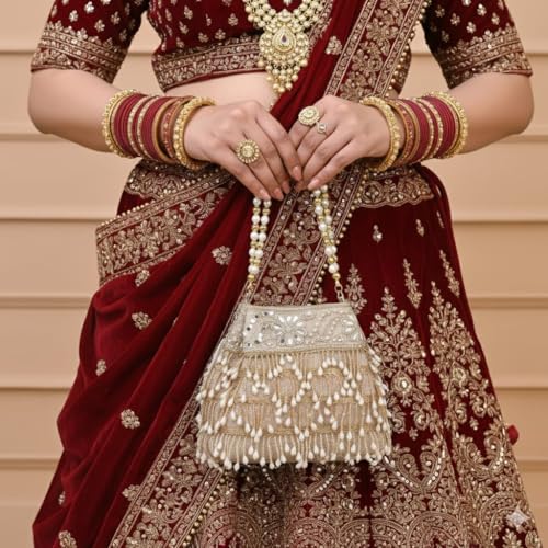 Image of Nevis PU Silk Women's Pearl & Bead Embellished Potli Bag with Beaded Handle | Designe Wedding & Festive Handbag