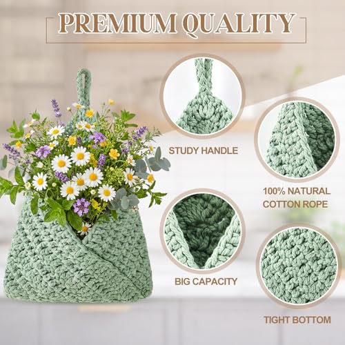 Image of Honeydak 3 Hanging Baskets, Sage Green, Triangle, Cotton Rope