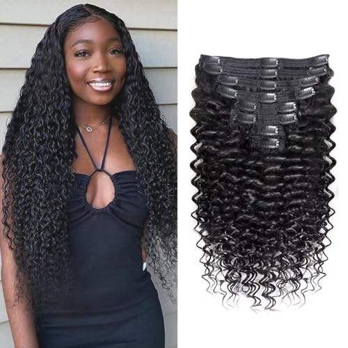 Deep Wave Clip In Extensions, 3a 3b 100% Brazilian Remy Human Hair Clip Ins, Invisible & Scalp-Friendly, Natural Black Color 22inch