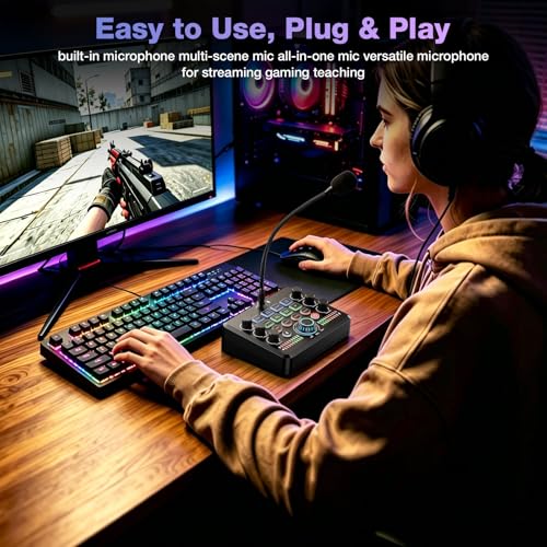 Image of Facmogu F682 Live Sound Card Audio Mixer with Gooseneck Mic, Voice Changer, Bluetooth, Noise Reduction Soundboard, All-in-One Sound Card for Live Streaming /Gaming /Recording on Smartphone, PC, Laptop