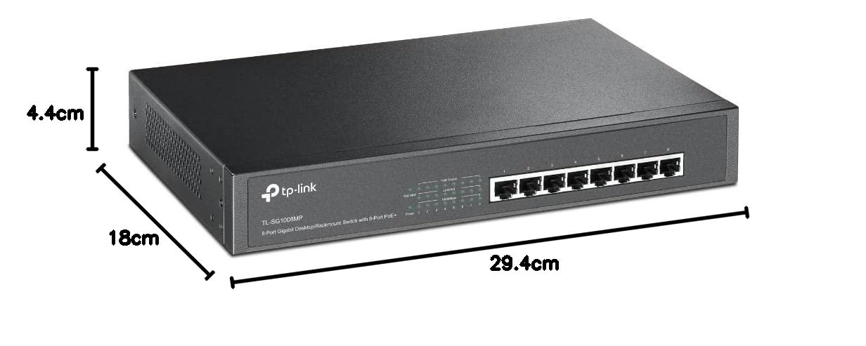 TP-Link PoE Switch 8-Port Gigabit, 8 802.3af/at PoE+ Ports up to 30 W for Each PoE Port and 153 W for All PoE Ports, Metal Casing, 13 inch RackMount/Desktop(TL-SG1008MP)