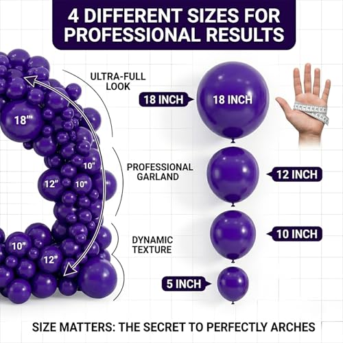 Image of 114pcs Dark Purple Balloons, 18 12 10 5 Inch Different Sizes Pack Purple Latex Balloon Garland Arch Kit for BOHO Birthday, Halloween, Wedding Party Decorations