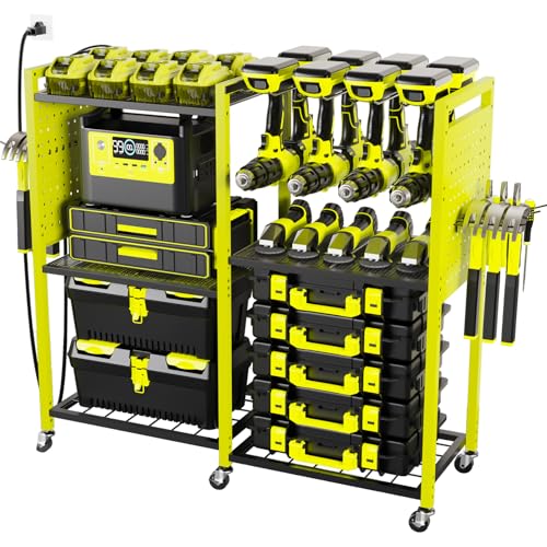 Goyappin Heavy-Duty Power Tools Organizer Cart with Charging Power Strip 6-Tier Rolling Utility Cart with 8 Hooks and 6 Load-Bearing Wheels Garage Tool Storage Rack for Workshop for Men