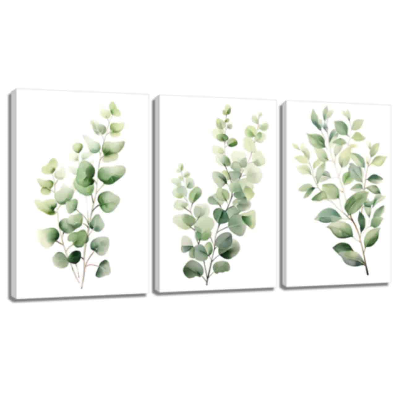 ZQQART Boho Floral Canvas Wall Art Green Sage Flower Eucalyptus Leaf Posters Prints Set of 3 Navy Botanical Plant Picture for Wall Decor (White,12"x16"x3)