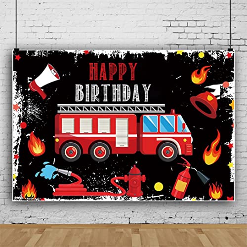 Bovlleetd 150x120cm Joyeux Anniversaire Toile De Fond Camion De Pompiers Rouge Photographie Fond Bouche D'Incendie Extincteur Fond Noir Photographie Toile De...
