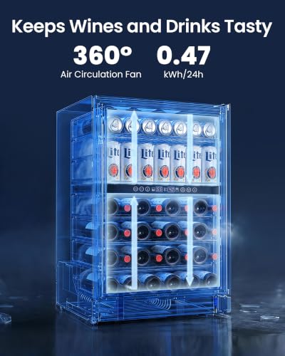 Image of 24 Inch Dual Zone Wine Fridge, Built-in or Freestanding, Black | 24 Inch, dual zone, 30 bottles & 63 cans, 40-65℉ digital temp control, UV-protected glass, quiet cooling, security lock, ETL