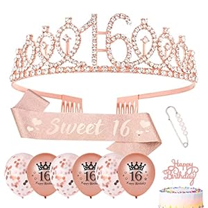 Popuppe 16. Geburtstag Schärpe und Geburtstagskrone,Sweet 16 Geburtstag Schärpe Tiara Krone,Geburtstag Cupcake Topper…