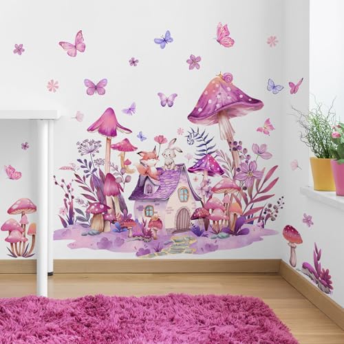 Fairy Tale Watercolor Wall Stickers - Removable Cartoon Mushroom, Castle, Butterfly & Fairy Wall Decals for Princess Bedroom Kids Room, Nursery, Classroom - Peel & Stick PVC Wall Decor (A)