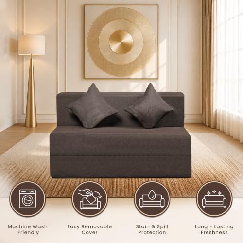Image of Seventh Heaven Rejioce 2 Seater 4 * 6 Jute Fabric Washable Cover Sofa Cum Bed with 2 Cushions 2 Seater Double Foam Fold Out Sofa Cum Bed (Finish Color - Brown Delivery Condition - Pre-Assembled)